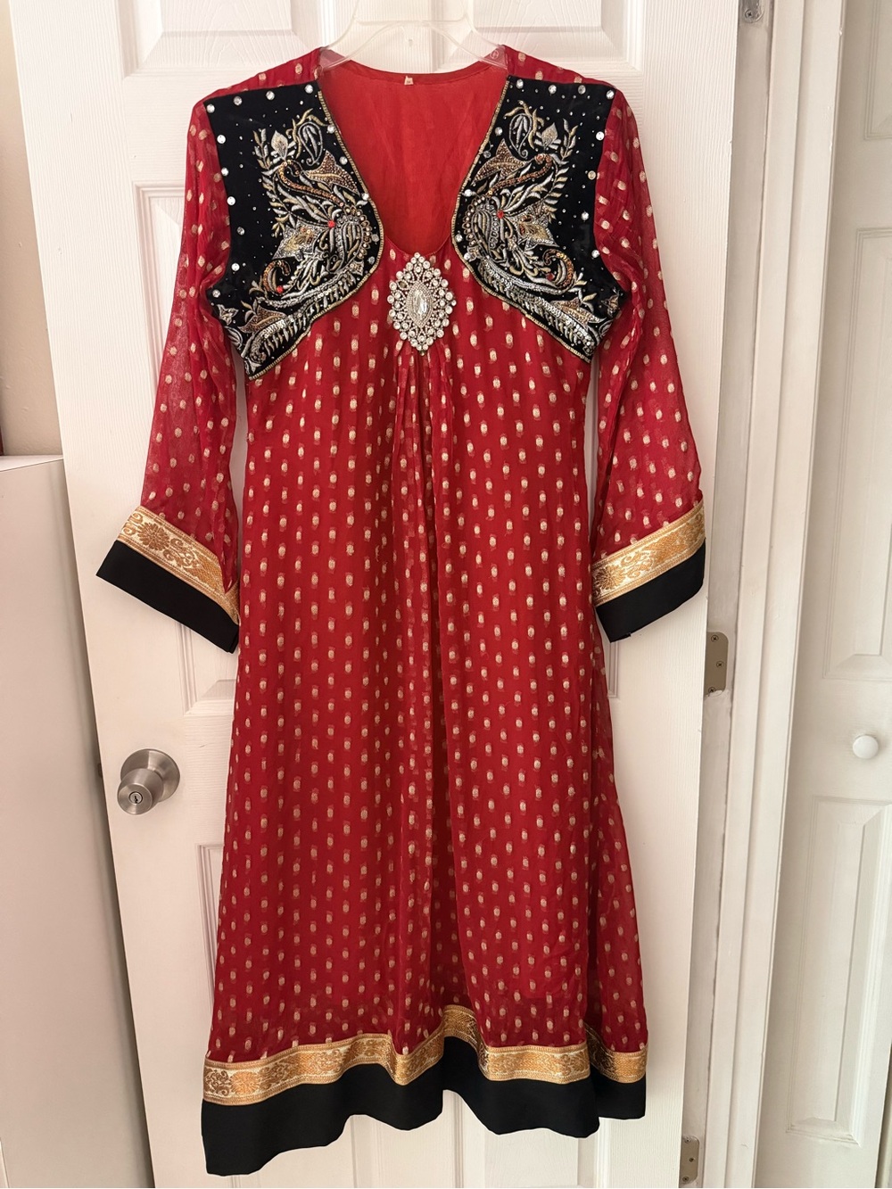 Anarkali-style salwar kameez Traditional Red Embellished V-Neck Long Dress